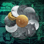Huge stack of cryptocurrencies in a circle with a golden bitcoin