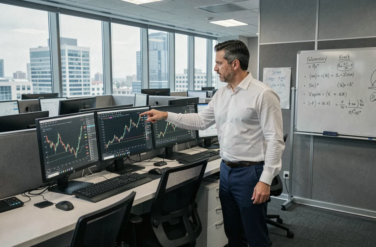 Analyste financier d'Acomat Conseil examinant des graphiques d'investissement sur plusieurs écrans dans un bureau moderne