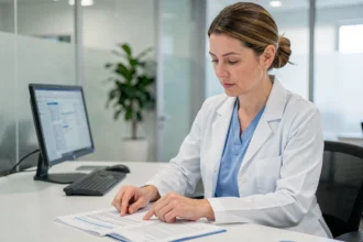 Administratrice hospitalière en blouse blanche consultant un formulaire de mutuelle dans un bureau médical moderne
