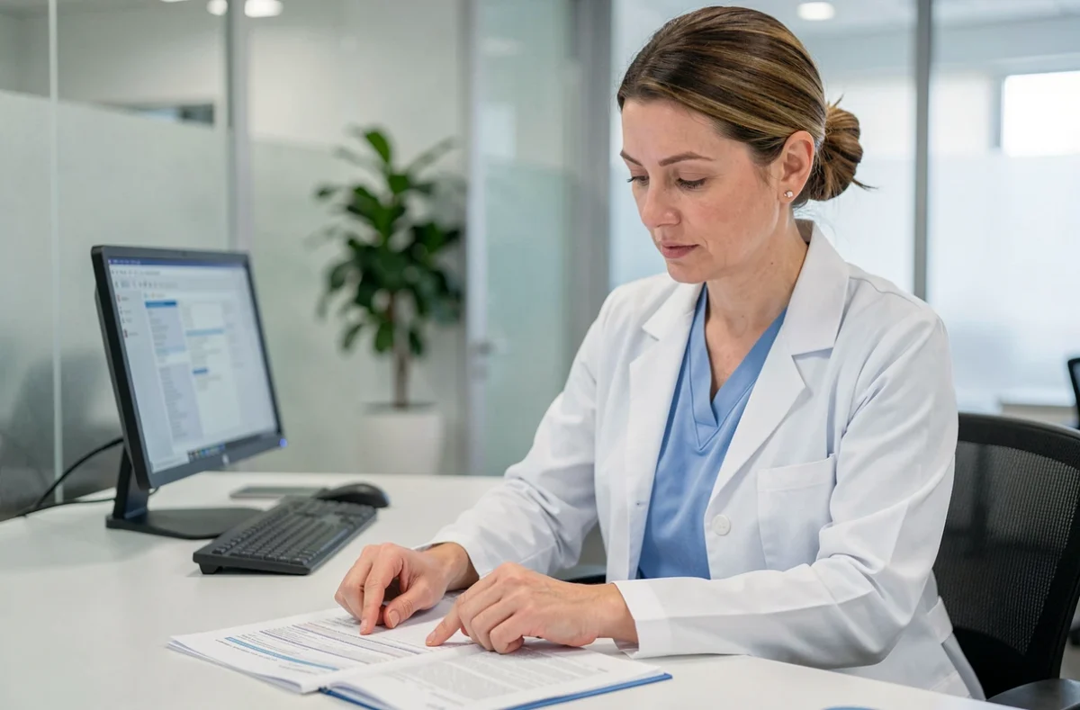 Administratrice hospitalière en blouse blanche consultant un formulaire de mutuelle dans un bureau médical moderne