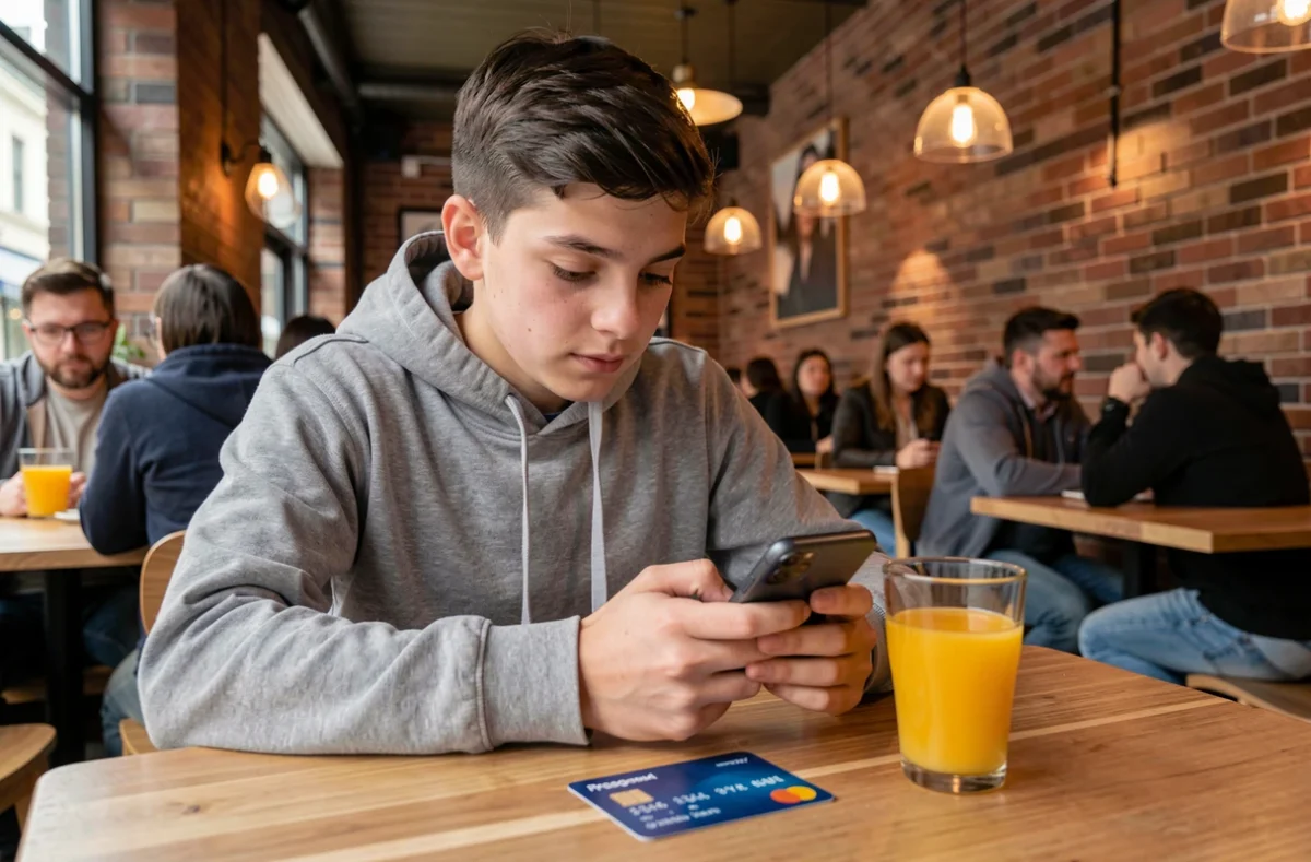 Adolescent utilisant l'application Pixpay sur smartphone avec sa carte dans un café