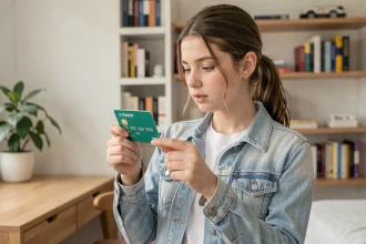Adolescente tenant une carte bancaire Pixpay pour mineur dans sa chambre