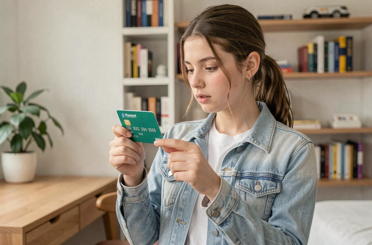 Adolescente tenant une carte bancaire Pixpay pour mineur dans sa chambre