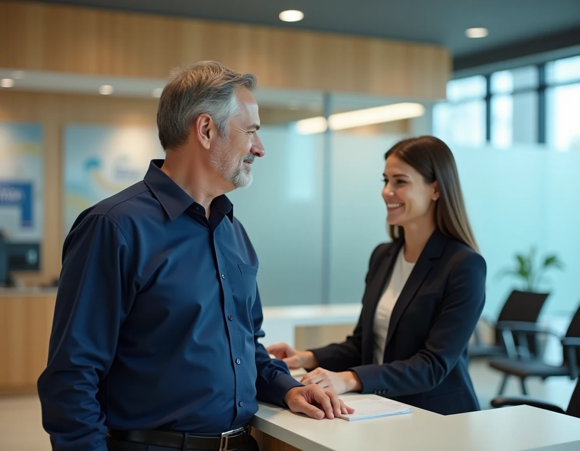 Client discutant avec un conseiller bancaire dans une agence physique Boursorama ou banque traditionnelle