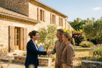 Agent immobilier ARE Immo serrant la main de vendeurs devant une maison en pierre à Saint-Martin-de-Londres
