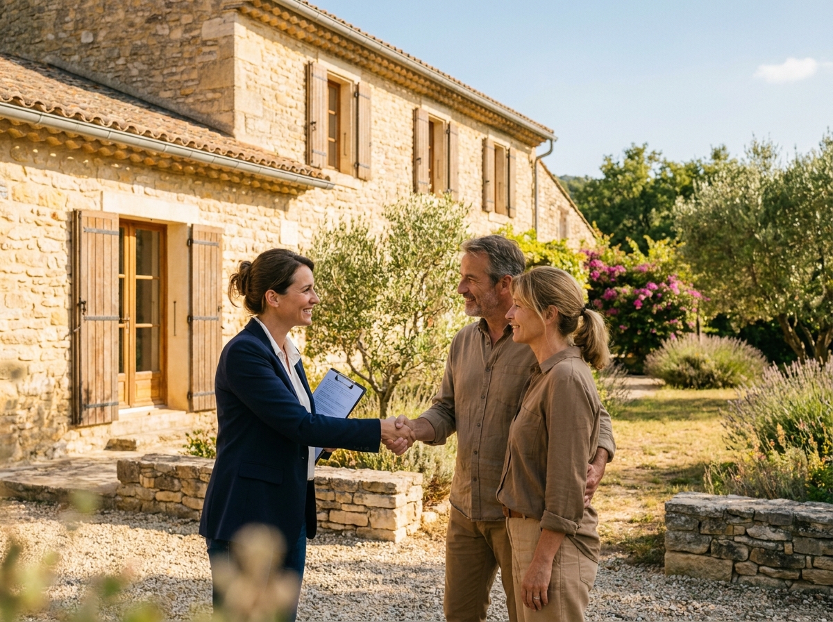 Agent immobilier ARE Immo serrant la main de vendeurs devant une maison en pierre à Saint-Martin-de-Londres