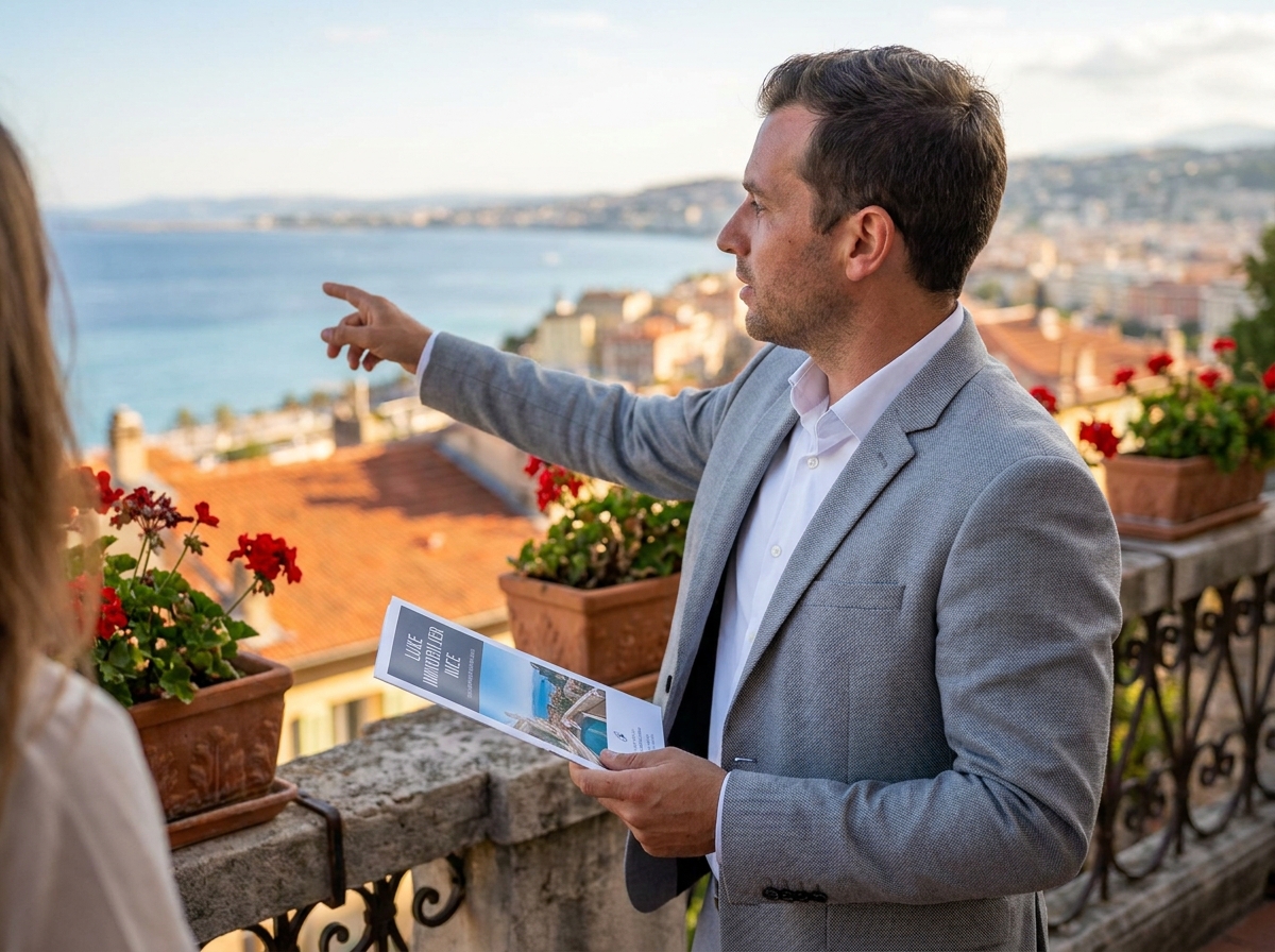 Agent immobilier présentant un logement à vendre sur un balcon avec vue panoramique sur Nice et la mer