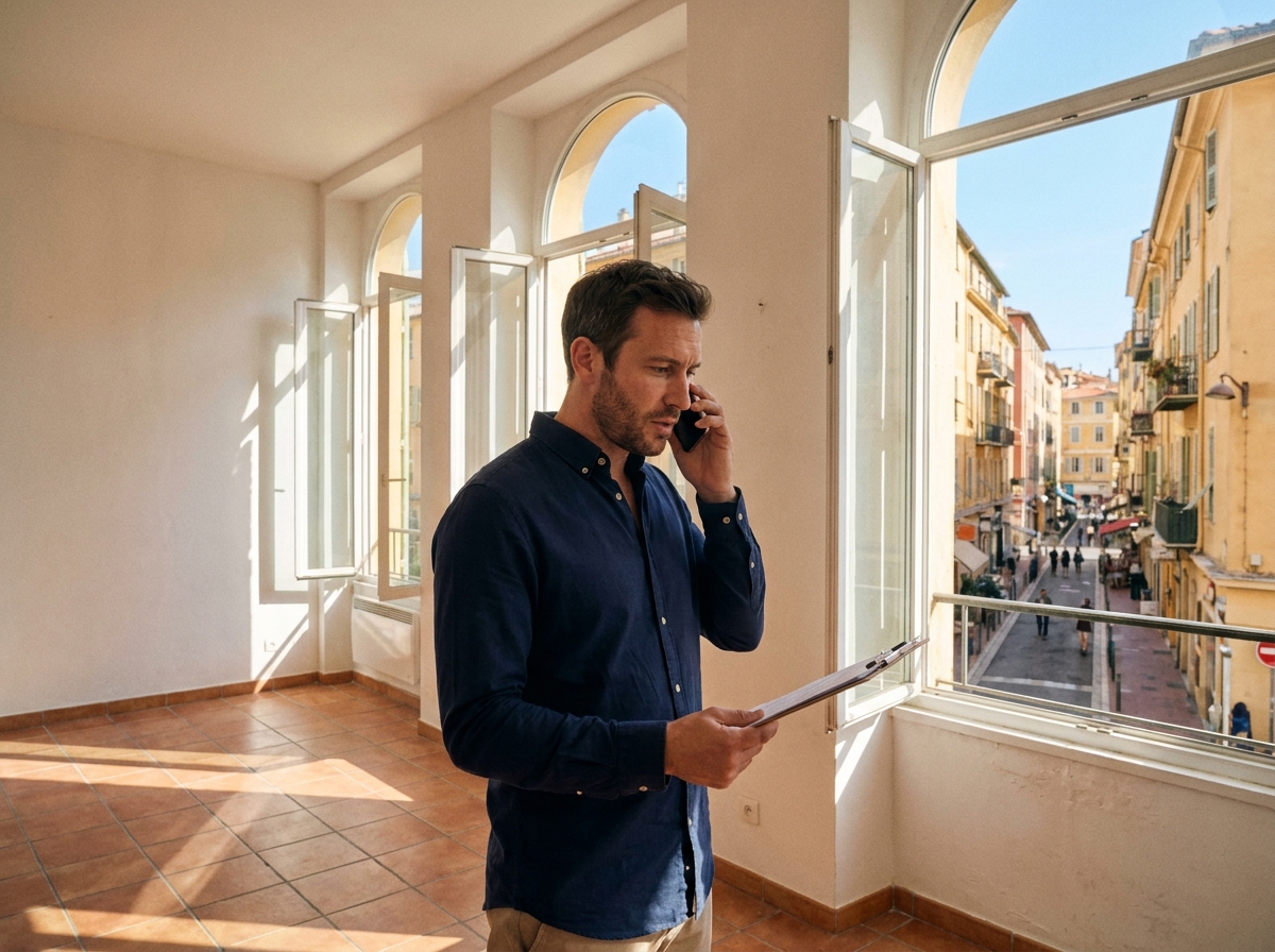 Agent immobilier visitant un appartement vide à Nice pour préparer sa mise en location