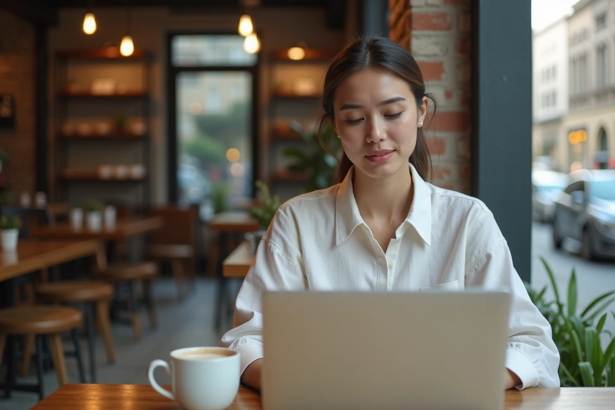 Jeune femme lisant une alerte de sécurité sur son compte bancaire en ligne dans un café
