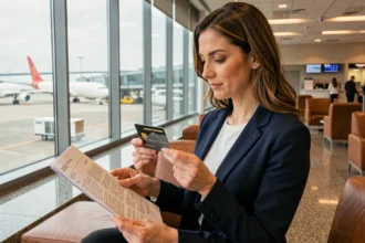 Femme tenant une carte American Express Gold dans un salon d'aéroport en consultant des documents d'assurance voyage
