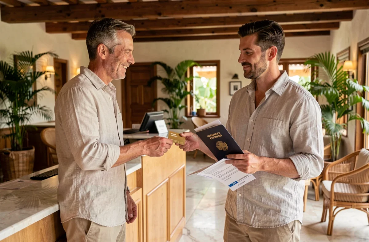 Couple utilisant la carte American Express Gold à l'enregistrement d'un hôtel à l'étranger avec documents d'assurance voyage