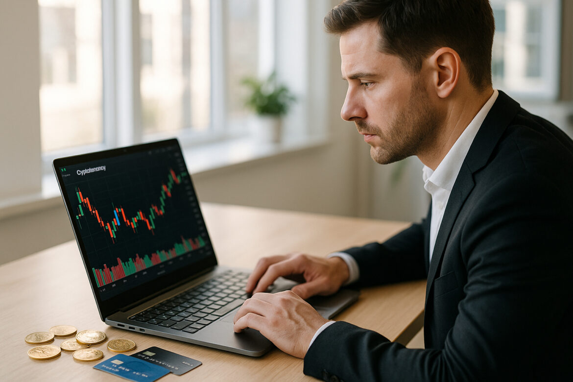 Personne analysant des graphiques de cryptomonnaie sur un ordinateur dans un espace lumineux