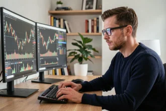 Homme analysant des graphiques de trading de cryptomonnaies sur deux écrans dans un bureau à domicile minimaliste