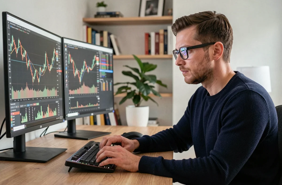 Homme analysant des graphiques de trading de cryptomonnaies sur deux écrans dans un bureau à domicile minimaliste