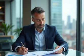 Analyste bancaire examinant des rapports financiers dans un bureau d'entreprise moderne pour évaluer les indicateurs clés d'un credit monitoring arrangement