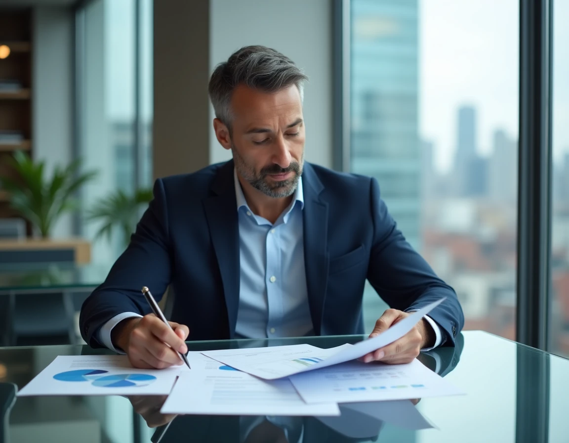 Analyste bancaire examinant des rapports financiers dans un bureau d'entreprise moderne pour évaluer les indicateurs clés d'un credit monitoring arrangement