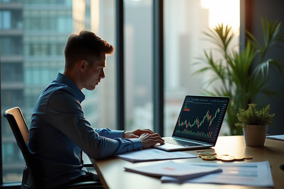 Jeune professionnel analysant des graphiques de cryptomonnaies sur un bureau lumineux