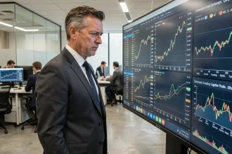 Analyste financier étudiant les prévisions boursières du secteur aéronautique sur un écran de données en bureau moderne