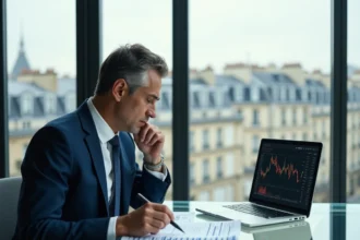 Analyste financier examinant les résultats trimestriels de Christian Dior dans un bureau parisien moderne