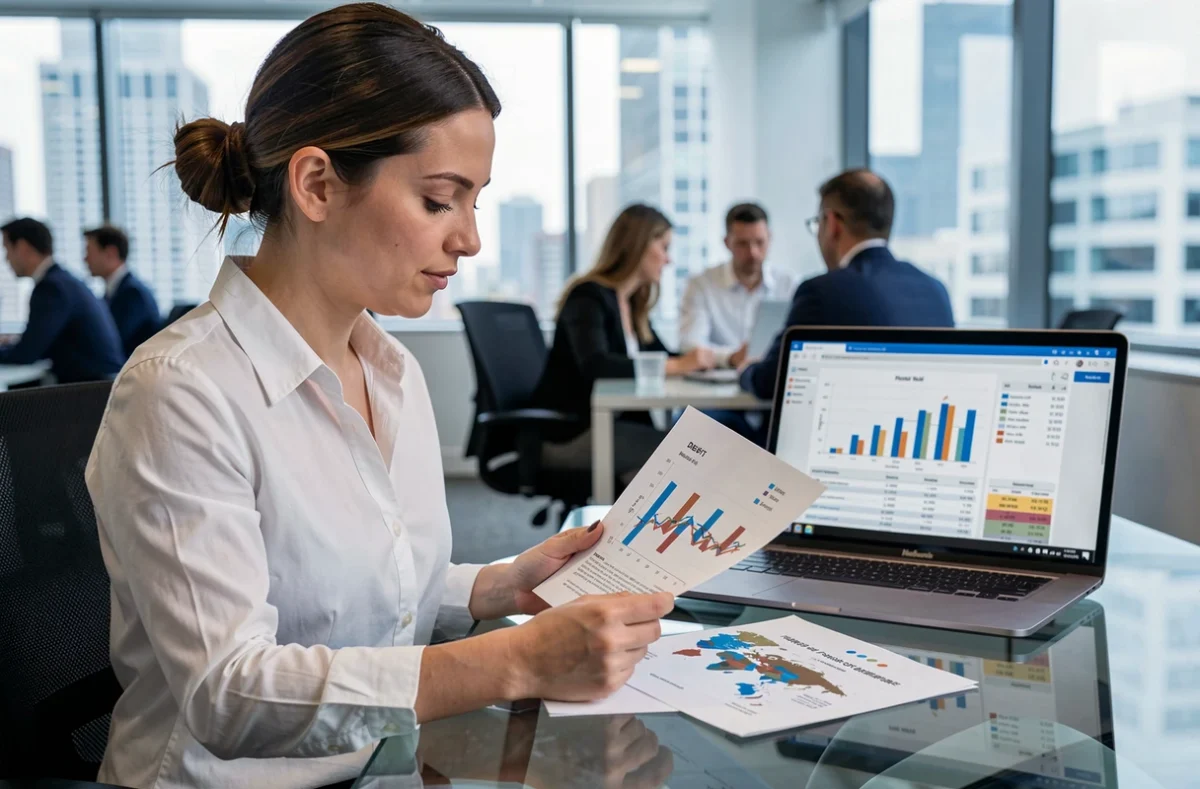 Analyste financière examinant des graphiques comparatifs sur la dette publique de différents pays