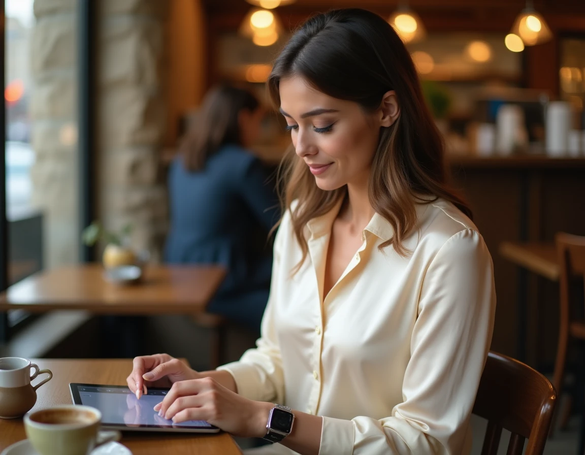 Femme élégante consultant une tablette dans un café parisien chic, illustrant les revenus et le style de vie d'une animatrice connue