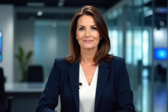 Animatrice de télévision assise au bureau d'un studio de journalisme, représentant le profil d'une présentatrice emblématique française
