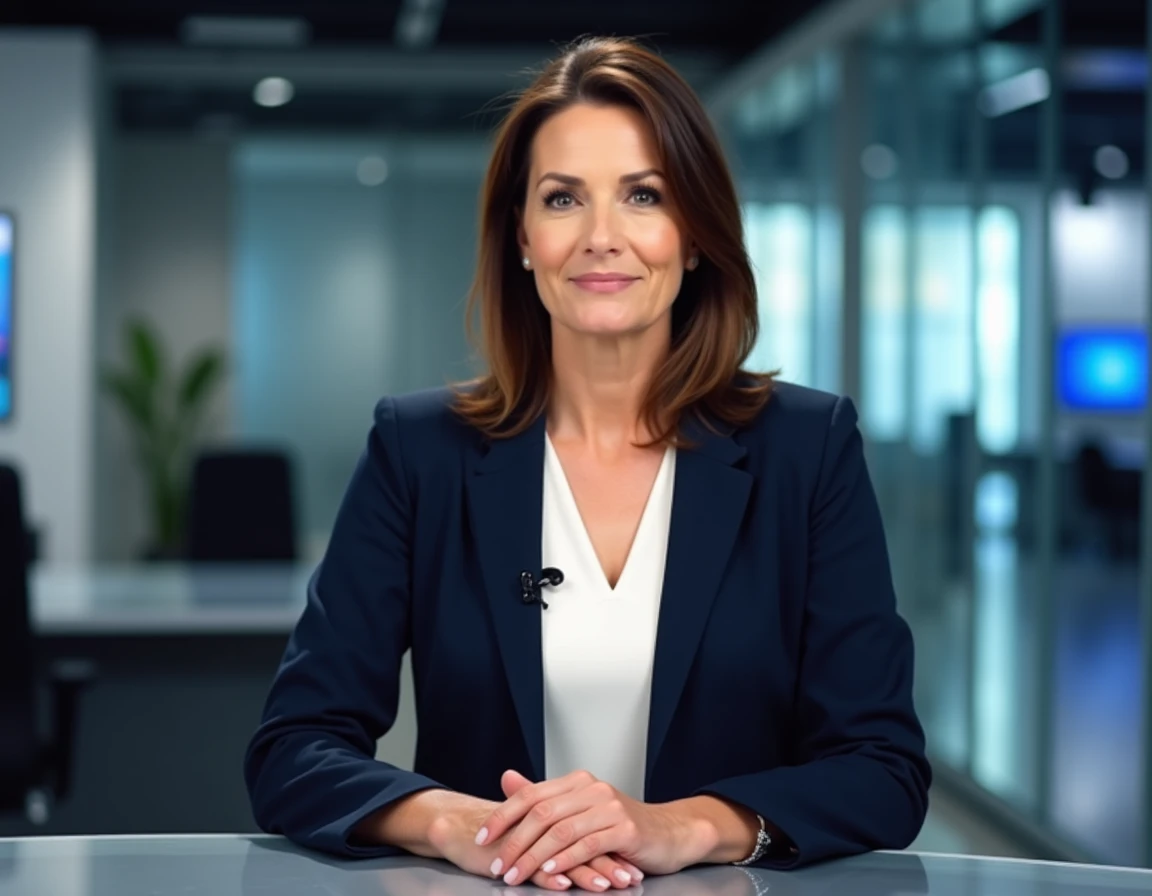 Animatrice de télévision assise au bureau d'un studio de journalisme, représentant le profil d'une présentatrice emblématique française