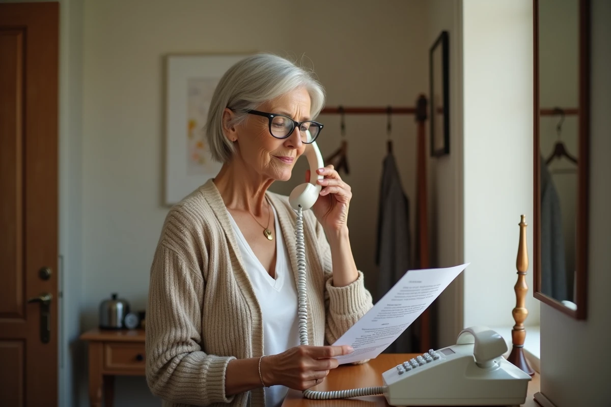 Femme âgée contactant son organisme bancaire par téléphone pour vérifier l'authenticité d'un prélèvement ADIS