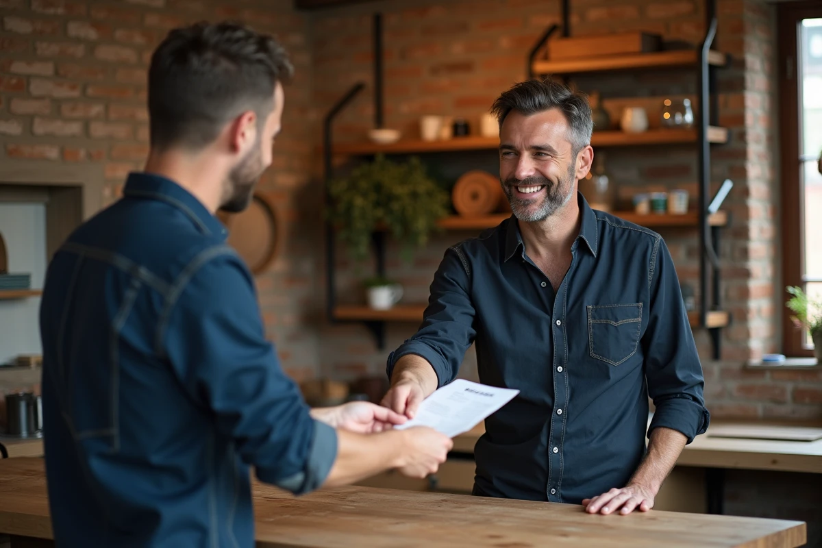 Artisan auto-entrepreneur remettant un reçu de paiement comptant à un client dans un atelier artisanal