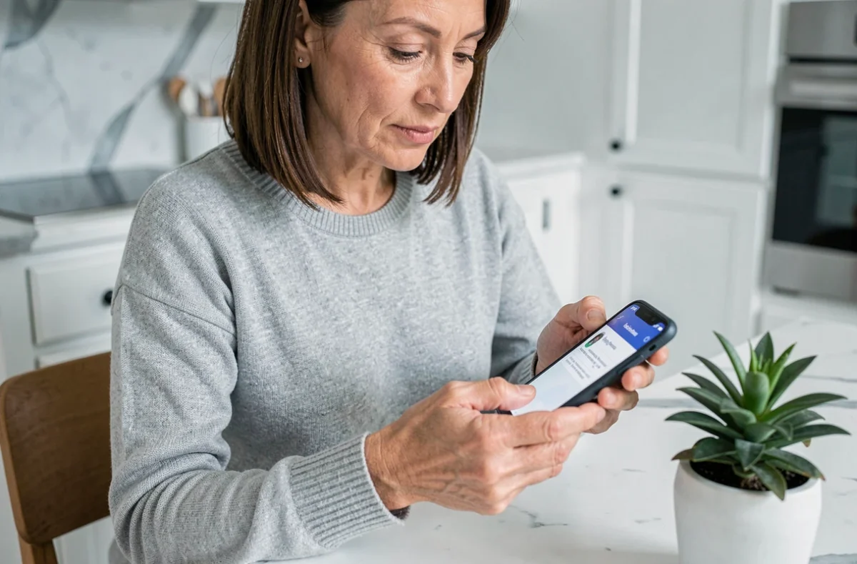 Femme vérifiant une notification d'authentification à deux facteurs sur son smartphone pour sécuriser son compte bancaire