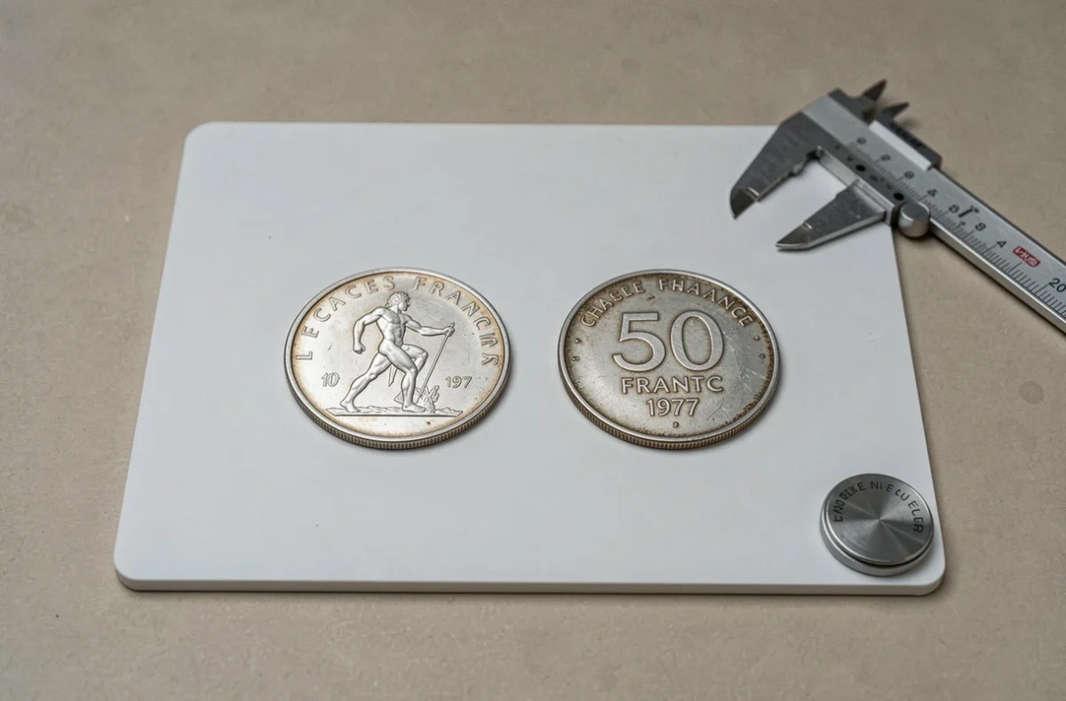 Deux pièces en argent 50 Francs 1977 côte à côte sur tapis d'authentification avec pied à coulisse et balance de précision pour vérification