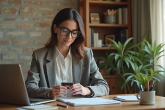 Auto-entrepreneuse consultant une facture sur son ordinateur portable et tenant une carte bancaire pour un paiement comptant