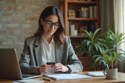 Auto-entrepreneuse consultant une facture sur son ordinateur portable et tenant une carte bancaire pour un paiement comptant
