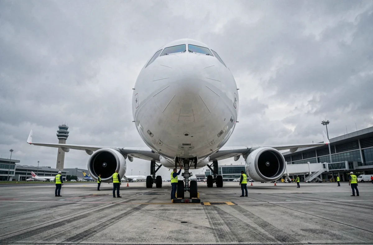 Avion Airbus A320 sur le tarmac d'un aéroport international avec équipe de maintenance au sol