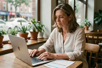 Femme lisant des avis sur l'assurance voyage Booking sur son ordinateur dans un café