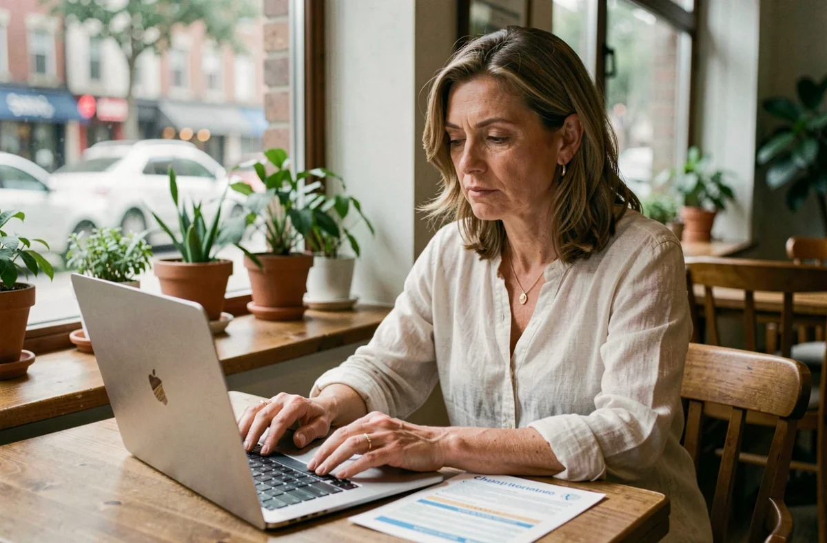 Femme lisant des avis sur l'assurance voyage Booking sur son ordinateur dans un café