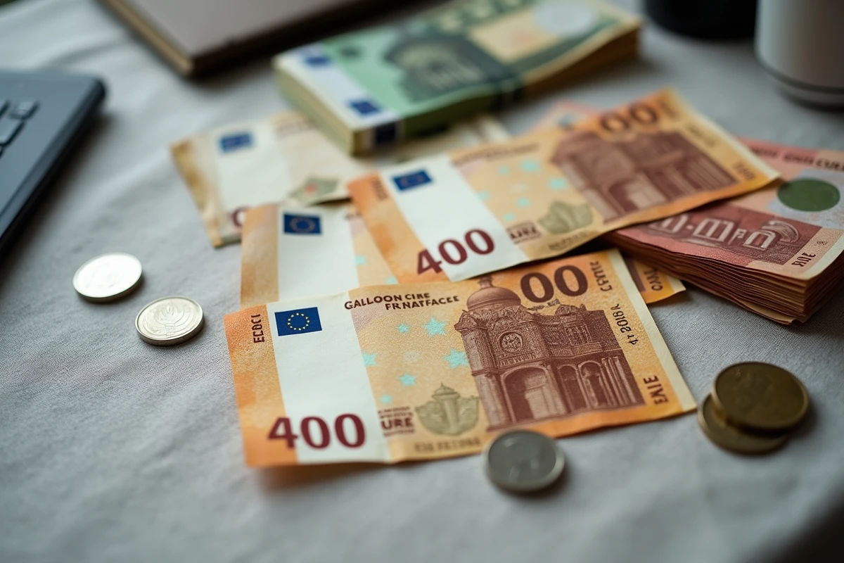 Vue de dessus de billets de 400 francs français anciens posés à côté de billets et pièces en euros sur une nappe en lin