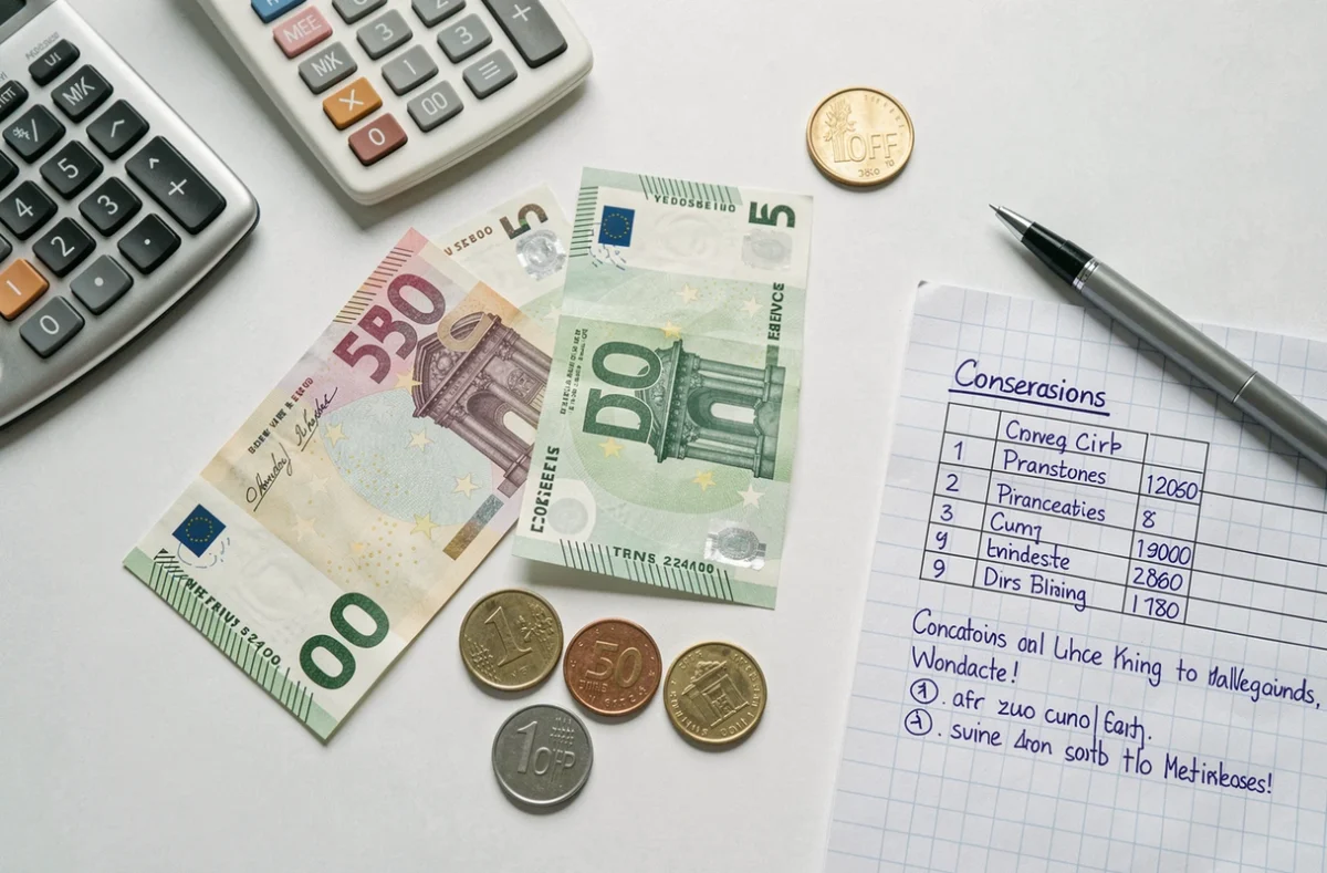 Vue du dessus de billets de franc pacifique et d'euros disposés avec une calculatrice et un tableau de conversion manuscrit