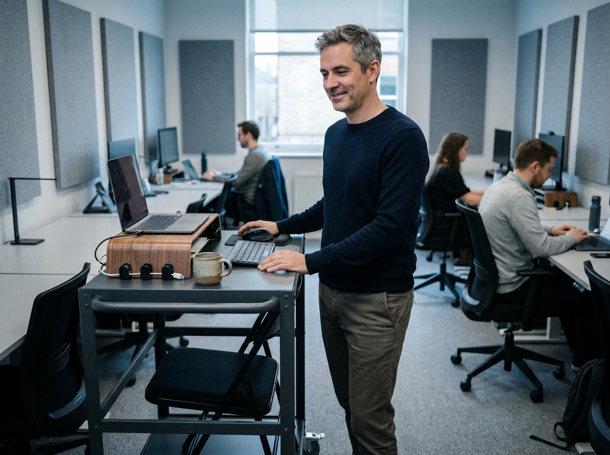Homme utilisant un bureau mobile sur roulettes dans un open space compact pour optimiser l'espace de travail partagé