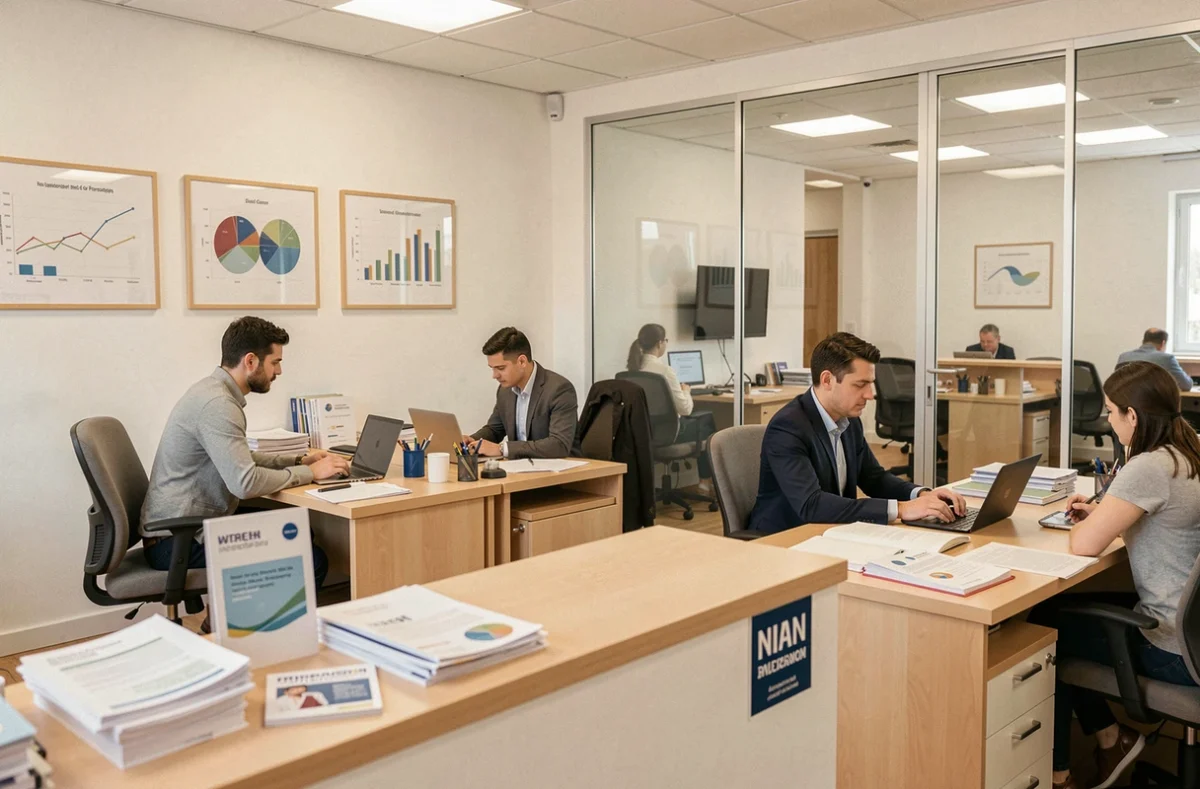 Bureau du Cabinet Martane Assurances à Nice, courtier généraliste avec plusieurs conseillers travaillant sur des dossiers d'assurance