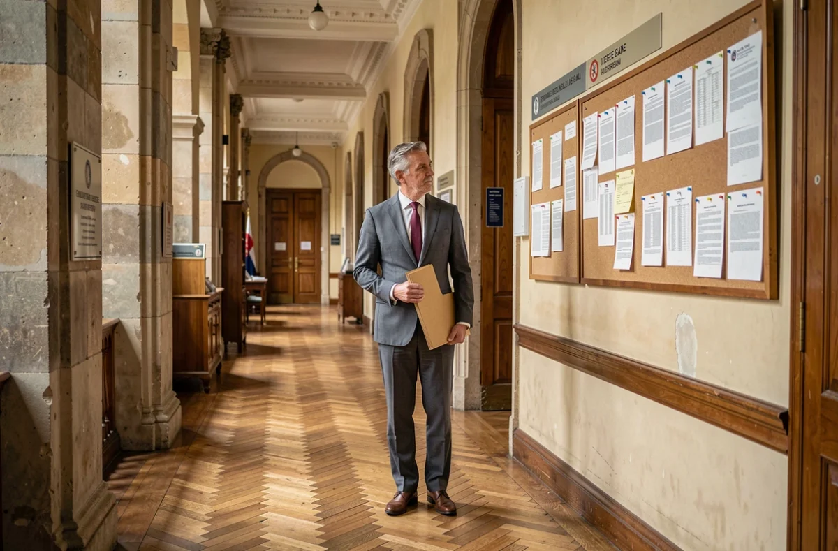 Fonctionnaire cadre dans un couloir de bâtiment administratif public français tenant un dossier de documents