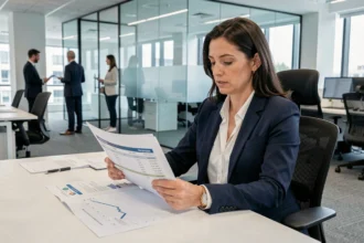 Cadre supérieure dans le secteur privé analysant des données de salaires nets dans un bureau moderne en open space