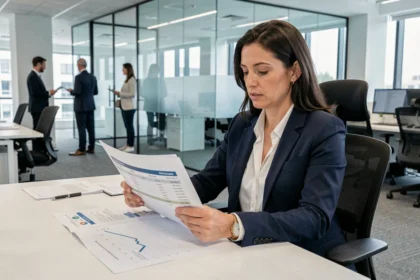 Cadre supérieure dans le secteur privé analysant des données de salaires nets dans un bureau moderne en open space