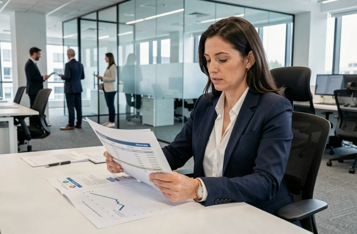 Cadre supérieure dans le secteur privé analysant des données de salaires nets dans un bureau moderne en open space