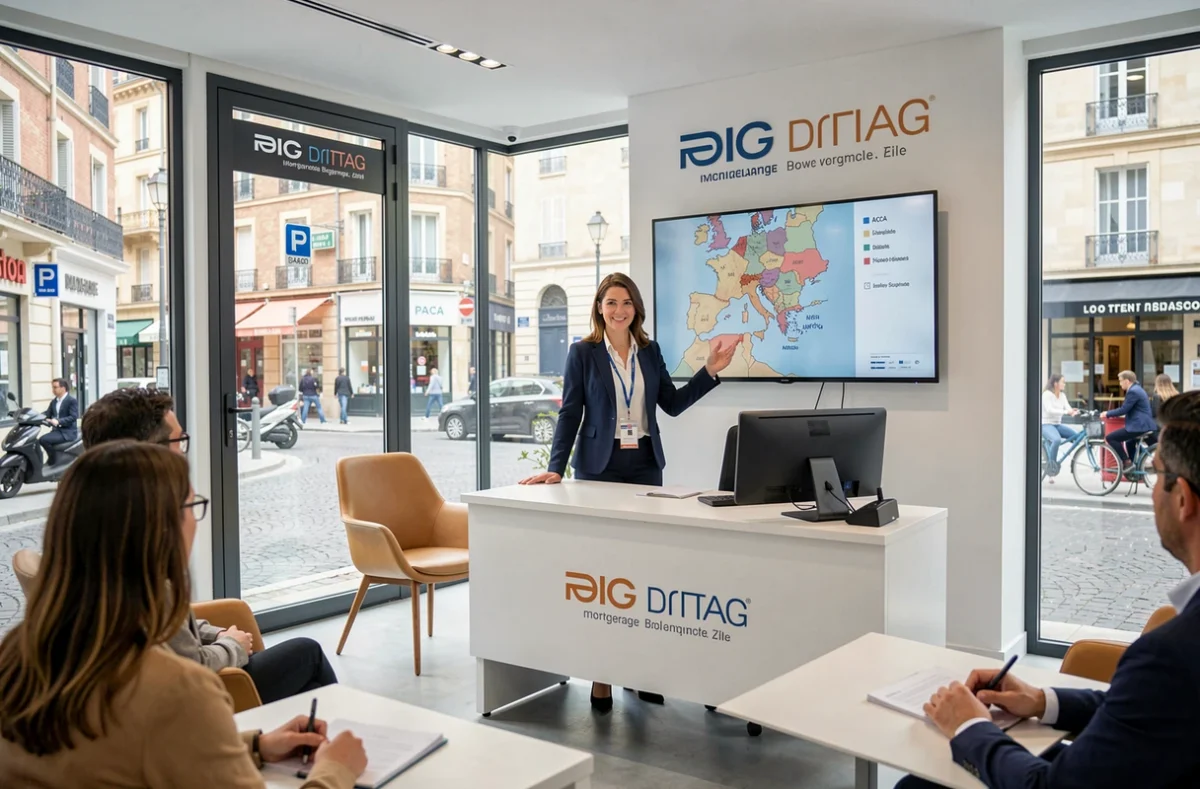 Agence CAFPI en région PACA, courtière présentant les options de courtage immobilier et d'assurance emprunteur à des clients