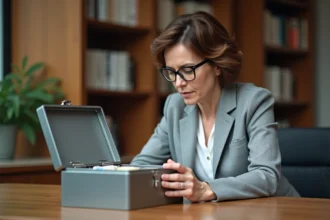 Femme d'affaires inspectant une caisse pour argent en métal ouverte sur un bureau en bois