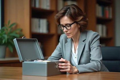 Femme d'affaires inspectant une caisse pour argent en métal ouverte sur un bureau en bois