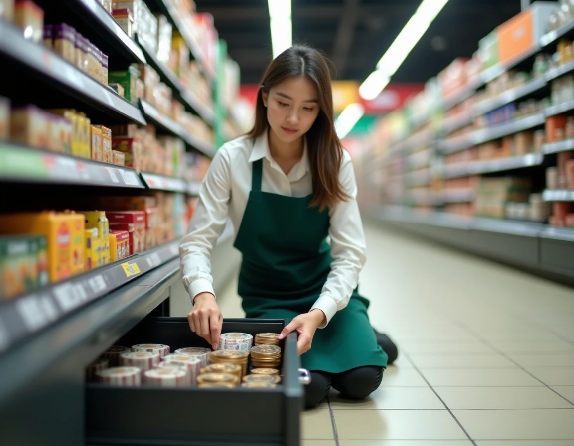 Caissière de supermarché qui prépare et remplit le tiroir-caisse avec des billets et des rouleaux de pièces avant l'ouverture du magasin