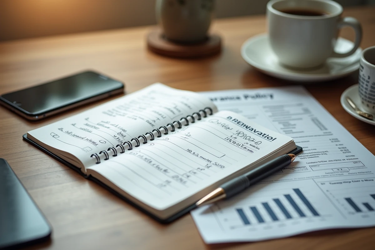 Vue de dessus d'un bureau avec des calculs de rendement d'assurance vie, un smartphone et des documents financiers