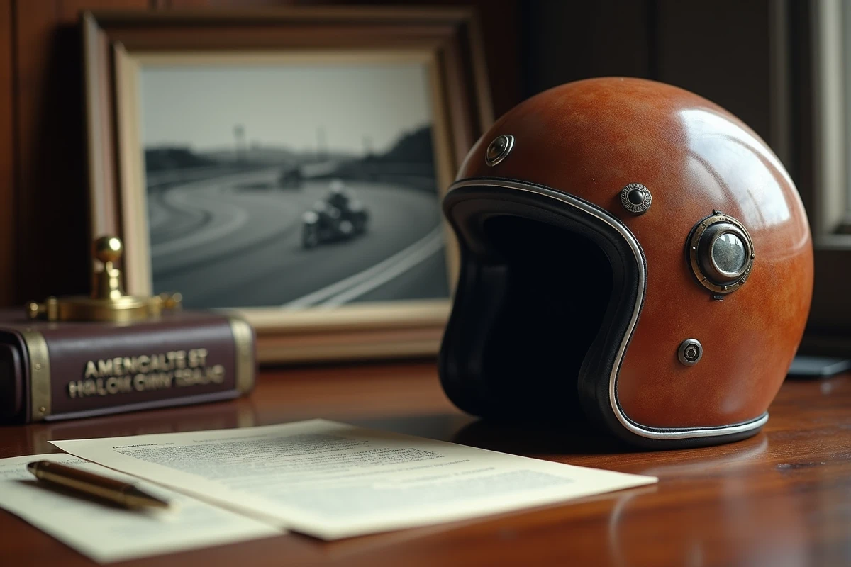 Casque de moto vintage posé sur un bureau avec des documents officiels et un stylo plume, symbolisant la transition de coureur à homme politique